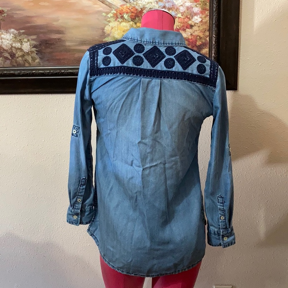 Holding Horses Soft Blue Denim Embroidered Shirt Blouse Long Sleeve Button Down
